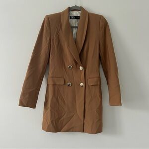 Zara Camel Brown Gold Button Double Breasted Long Blazer Jacket S